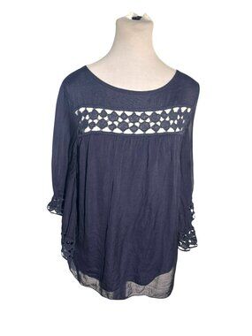 Via Signoria Navy Blue Silk Top With Lace Detail & 3/4 Sleeves Made In Italy S